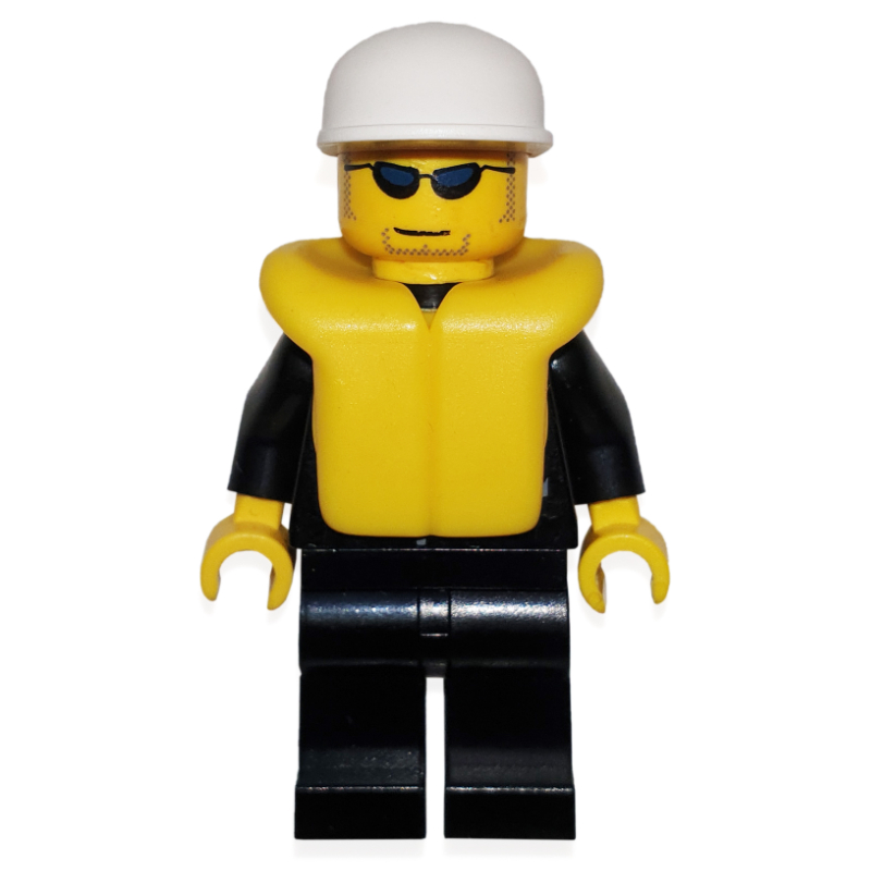 LEGO Policeman, Black Jacket with Pocket and Badge, White Cap, Yellow Life Vest, Sunglasses (fig-007789)