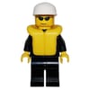 Policeman, Black Jacket with Pocket and Badge, White Cap, Yellow Life Vest, Sunglasses