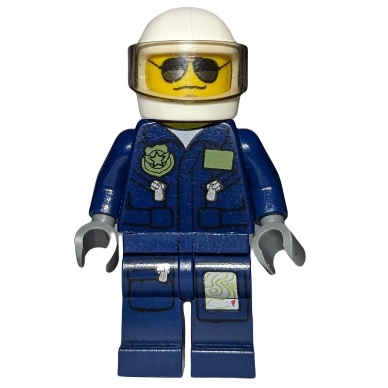 LEGO Policeman, Dark Blue Jacket with Pockets and Badge, White Helmet with Visor, Sunglasses and Wavy Mouth (fig-007790)