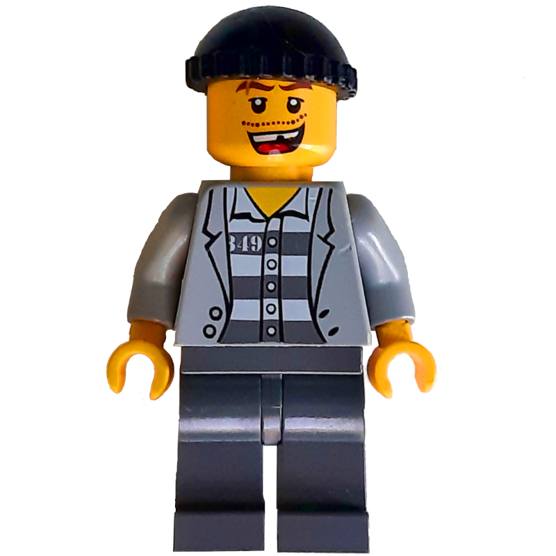 LEGO Criminal, Open Light Bluish Gray Jacket over Prison Shirt, Dark Bluish Gray Legs, Black Hat, Missing Tooth (3626c Head) (fig-007791)