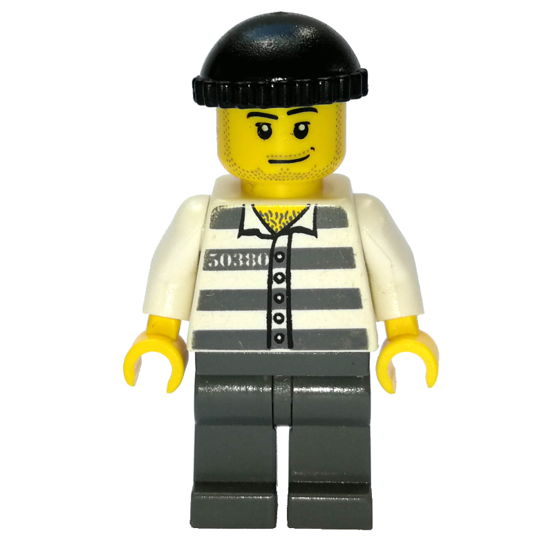 LEGO Criminal, Prison Shirt with #50380, Dark Bluish Gray Legs, Black Hat, Stubble (fig-007792)