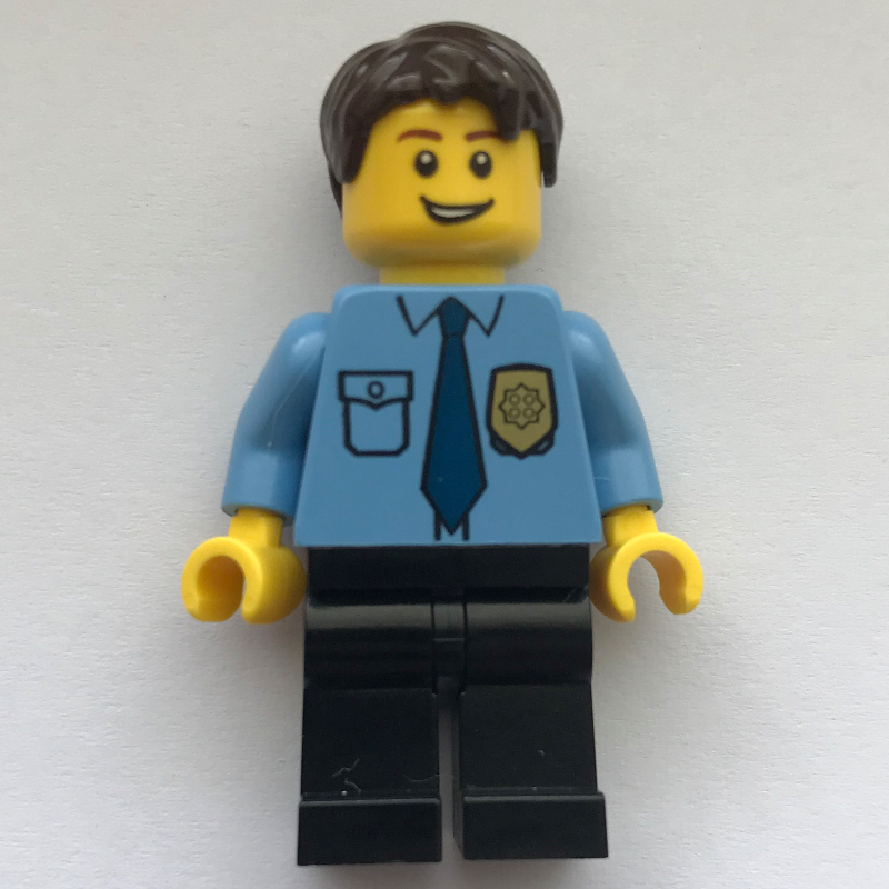 LEGO Policeman, Medium Blue Shirt with Badge and Tie, Black Legs, Dark Brown Hair (fig-007793)