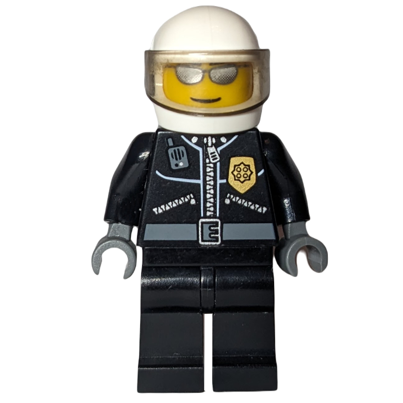 LEGO Policeman, Black Jacket with Zipper, Radio, Badge, and 'POLICE' on Back, White Helmet with Visor, Silver Sunglasses (fig-007794)
