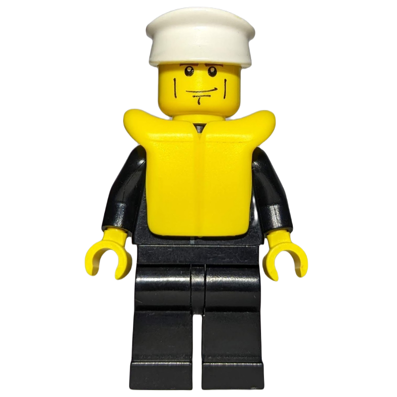LEGO Policeman, Black Suit with Badge, White Hat, Yellow Life Vest, Cheek Lines and Brown Eyebrows (fig-007795)