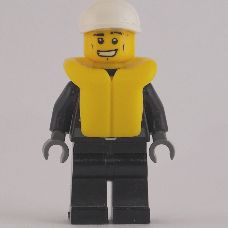 LEGO Policeman, Black Jacket with Zipper, Radio, Badge, and 'POLICE' on Back, White Cap, Yellow Life Vest (fig-007796)