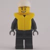 Policeman, Black Jacket with Zipper, Radio, Badge, and 'POLICE' on Back, White Cap, Yellow Life Vest