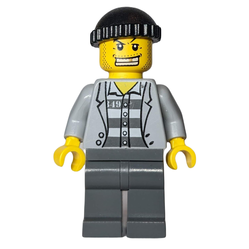 LEGO Criminal, Open Light Bluish Gray Jacket over Prison Shirt, Black Hat, Gold Tooth (fig-007797)