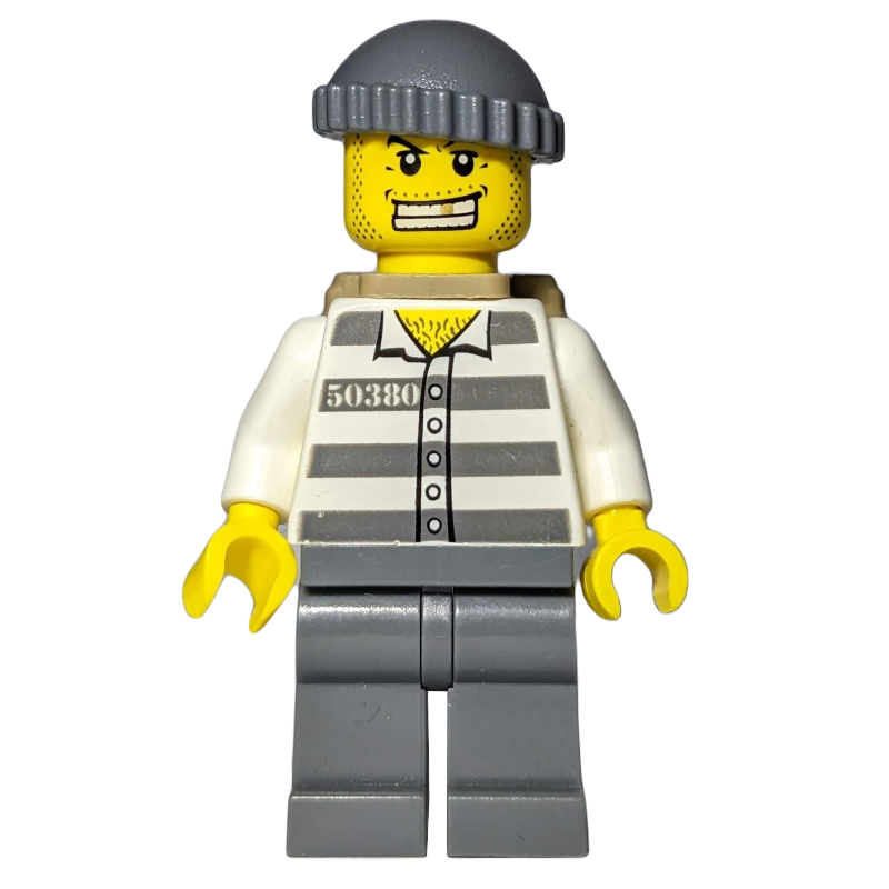 LEGO Criminal, Prison Shirt with #50380, Dark Bluish Gray Legs, Dark Bluish Gray Hat, Dark Tan Backpack, Gold Tooth (fig-007798)