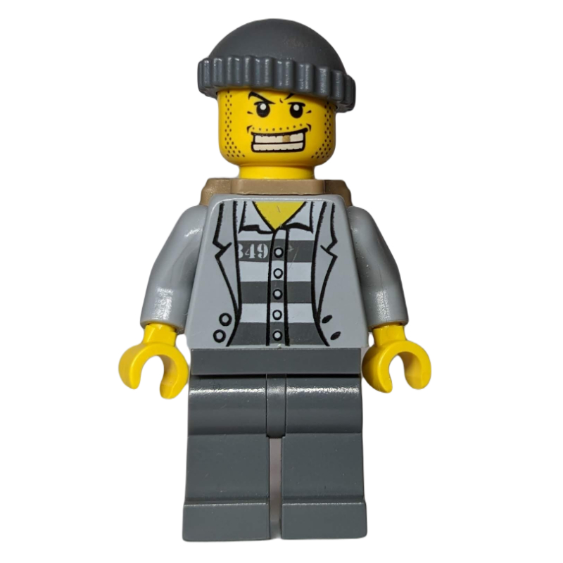LEGO Criminal, Open Light Bluish Gray Jacket over Prison Shirt, Dark Bluish Gray Hat, Dark Tan Backpack, Gold Tooth (fig-007800)