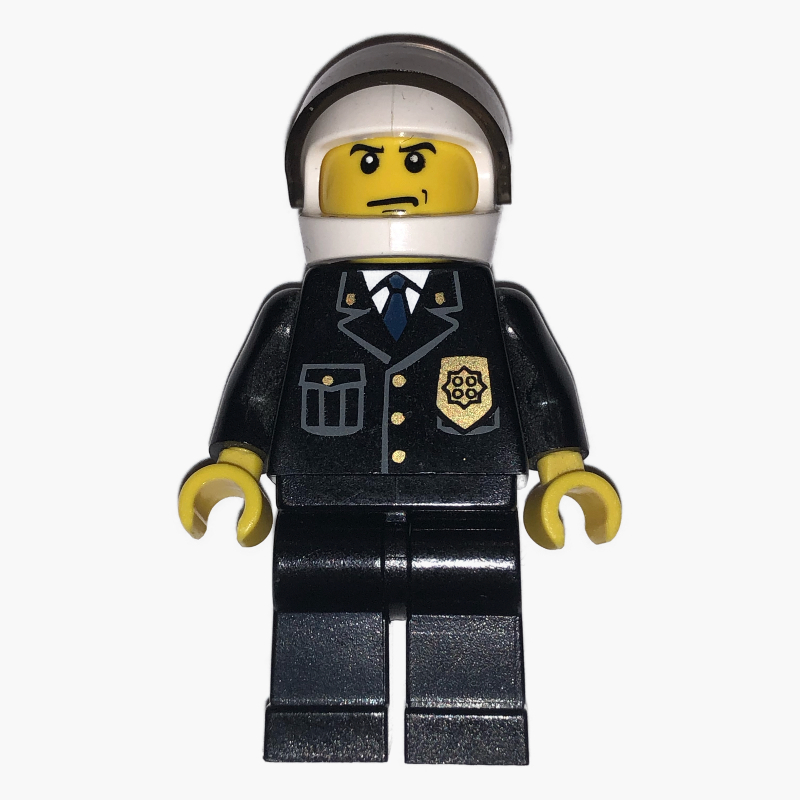 LEGO Policeman, Black Suit with Badge, White Helmet with Visor (fig-007802)
