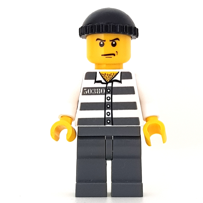 LEGO Criminal, Prison Shirt with #50380, Dark Bluish Gray Legs, Black Hat (fig-007803)