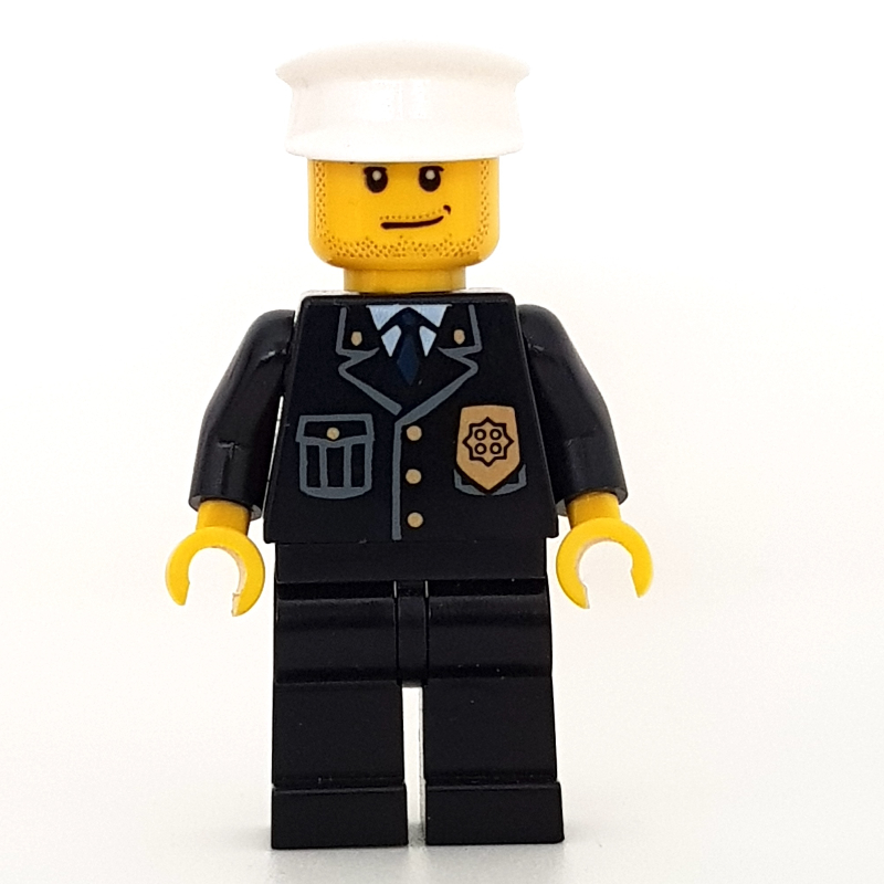 LEGO Policeman, Black Suit with Badge, White Hat, Stubble (fig-007804)