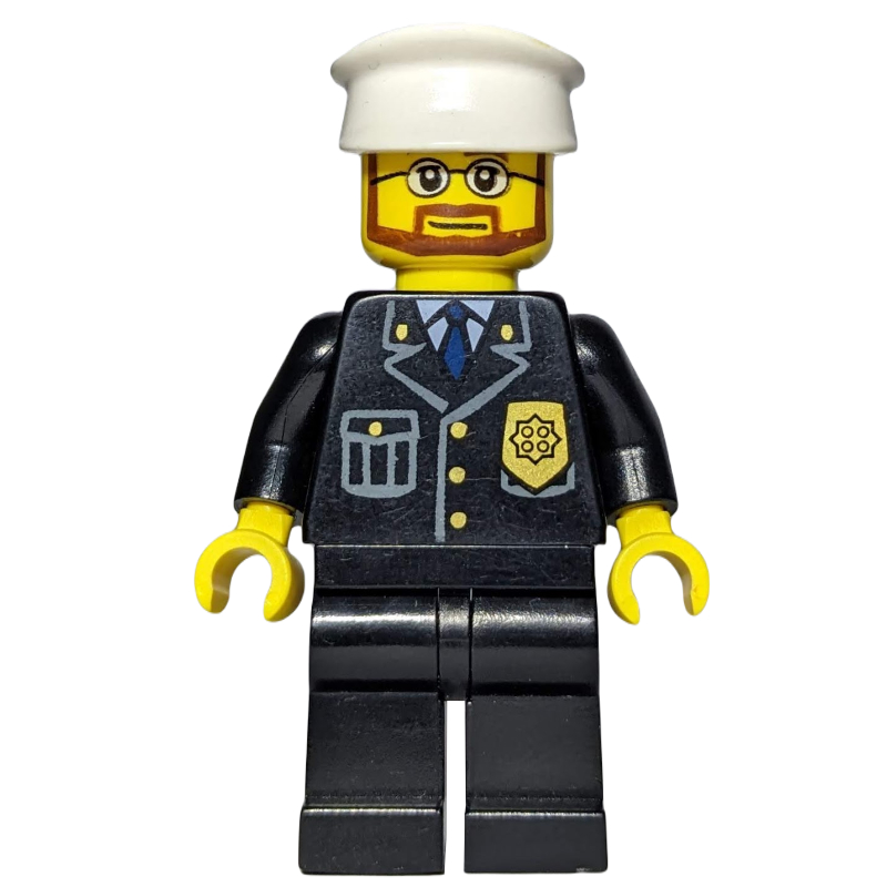 LEGO Policeman, Black Suit with Badge, White Hat, Beard and Glasses (fig-007805)