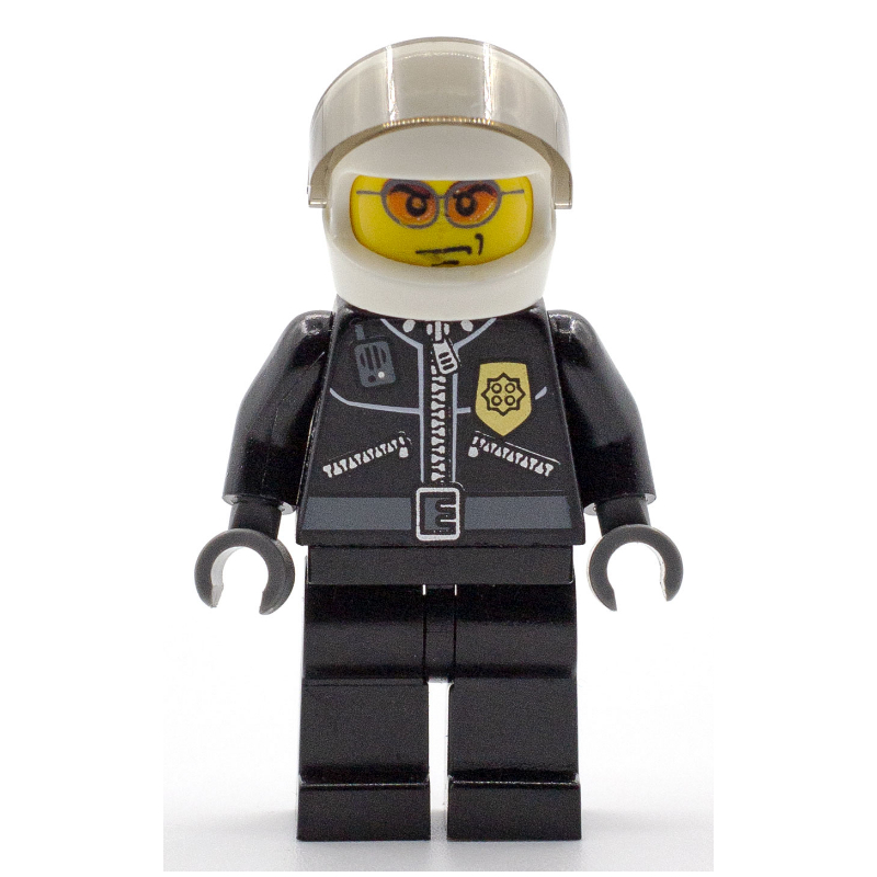 LEGO Policeman, Black Jacket with Zipper, Radio, and Badge, White Helmet and Visor, Orange Sunglasses (fig-007807)