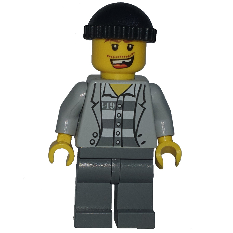 LEGO Criminal, Open Light Bluish Gray Jacket over Prison Shirt, Dark Bluish Gray Legs, Black Hat, Missing Tooth (3626b Head) (fig-007808)