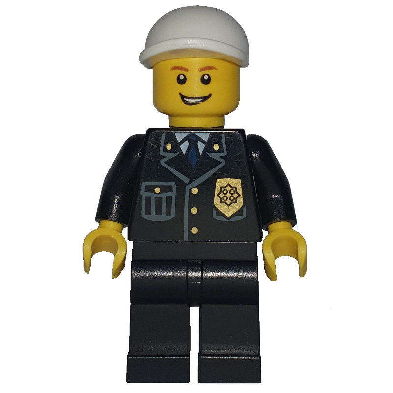 LEGO Policeman, Black Suit with Badge, White Cap, Open Mouth (fig-007809)