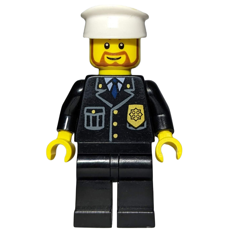 LEGO Policeman, Black Suit with Badge, White Hat, Brown Beard (fig-007810)