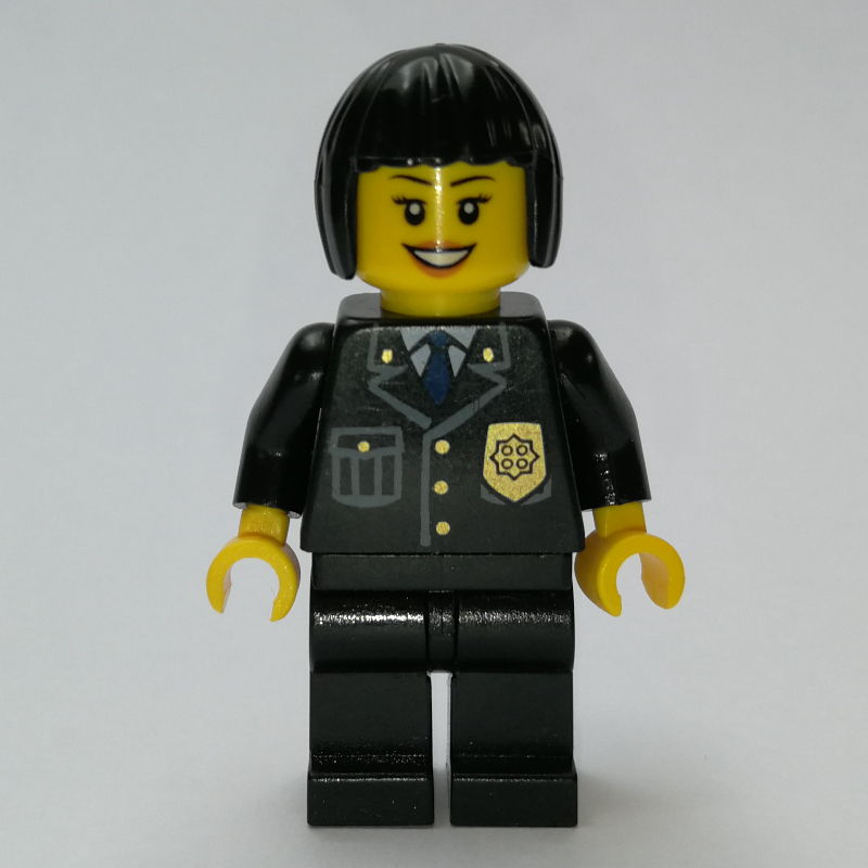 LEGO Policewoman, Black Suit with Badge, Black Hair (fig-007811)