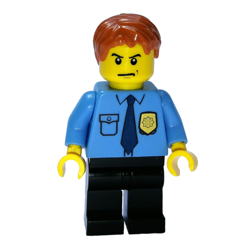 LEGO Policeman, Medium Blue Shirt with Badge and Tie, Black Legs, Dark Orange Hair (fig-007812)