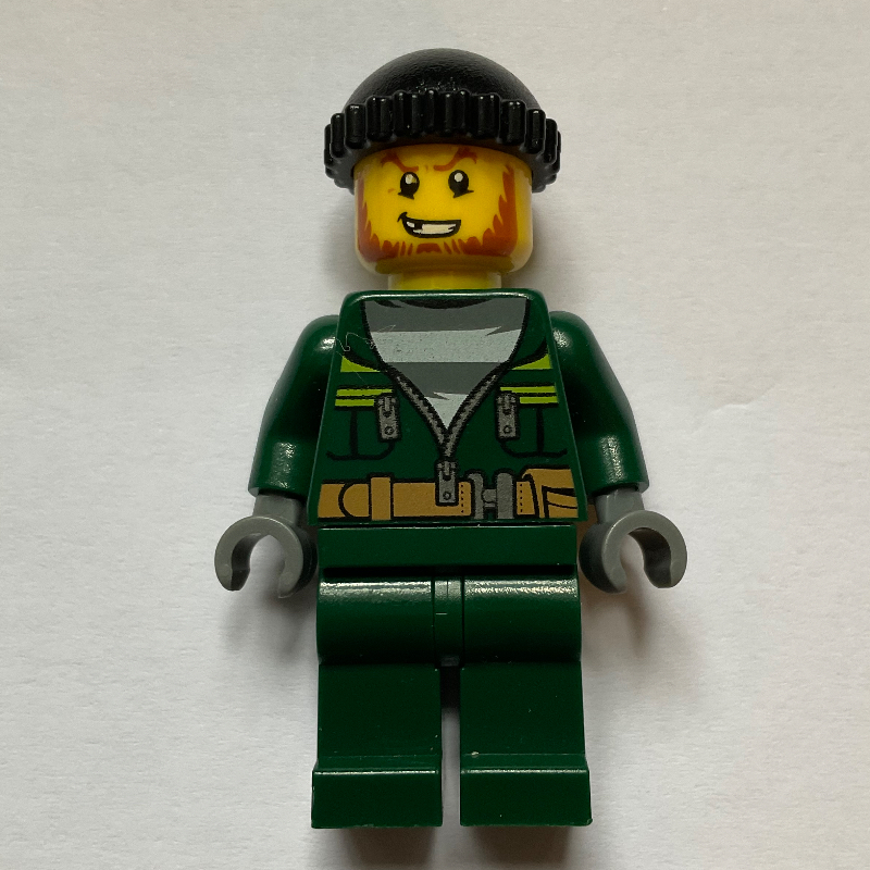 LEGO Criminal, Open Dark Green Jacket over Prison Shirt, Black Hat, Beard (fig-007825)