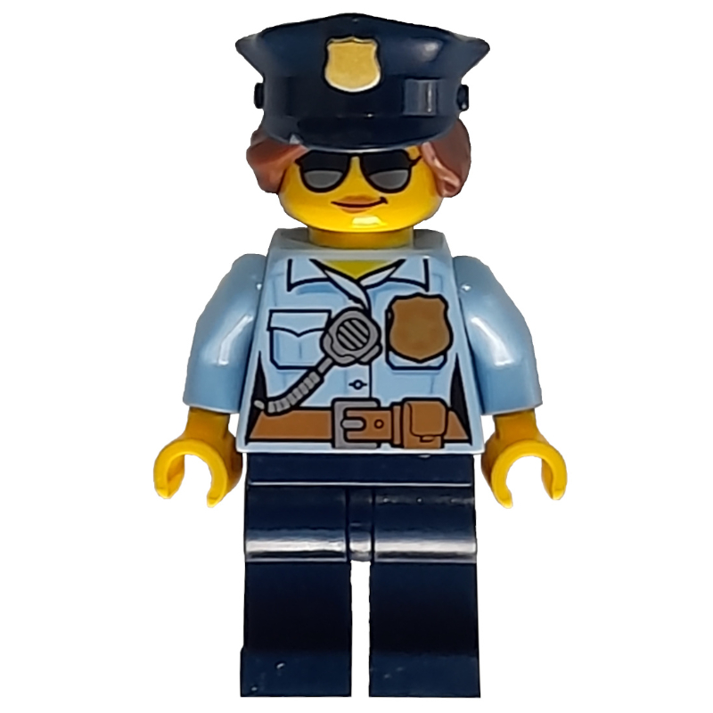 LEGO Policewoman, Bright Light Blue Shirt with Radio and Badge, Dark Blue Legs, Police Hat with Badge, Sunglasses (fig-007826)
