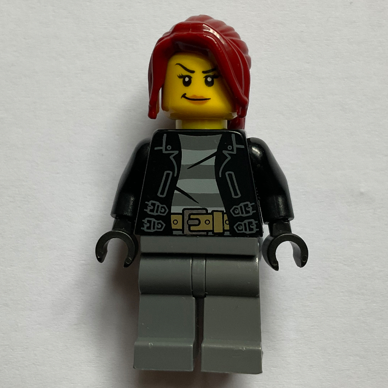 LEGO Criminal, Woman, Open Black Jacket over Prison Shirt, Dark Red Hair (fig-007827)