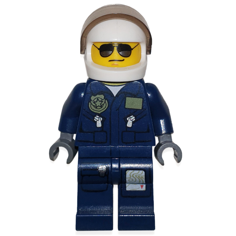 LEGO Policeman, Dark Blue Jacket with Pockets and Badge, White Helmet with Visor, Sunglasses (fig-007828)