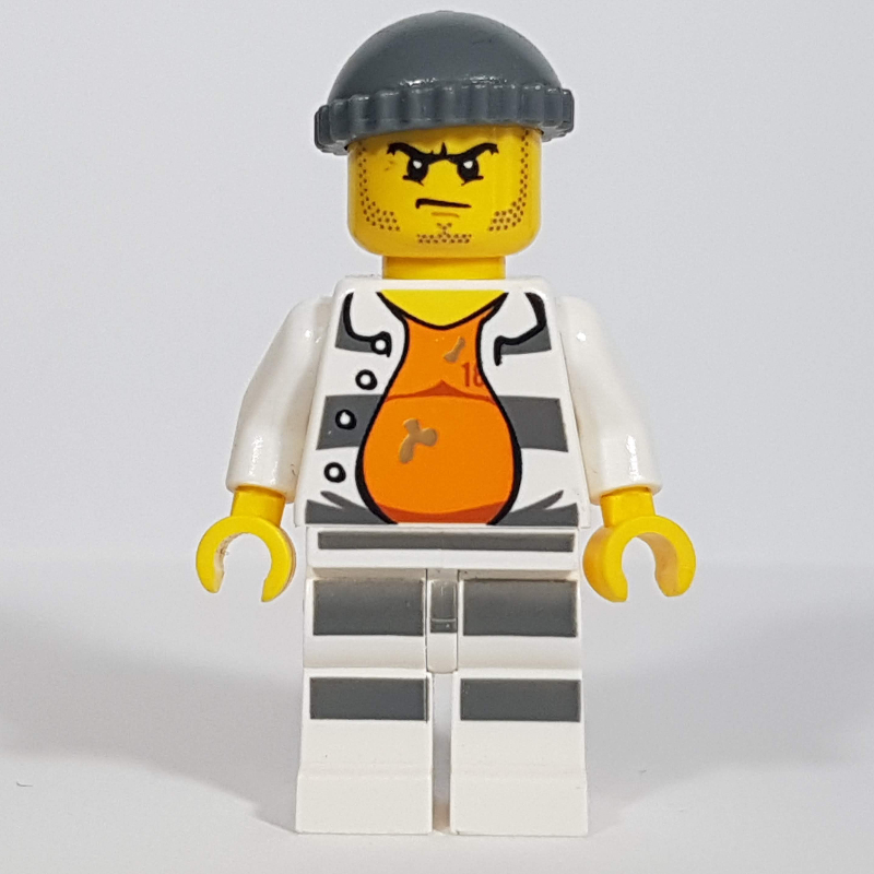 LEGO Criminal Gary Goldrush, Open Prison Shirt #18675 over Orange Top, Dark Bluish Gray Hat, Stubble (fig-007829)