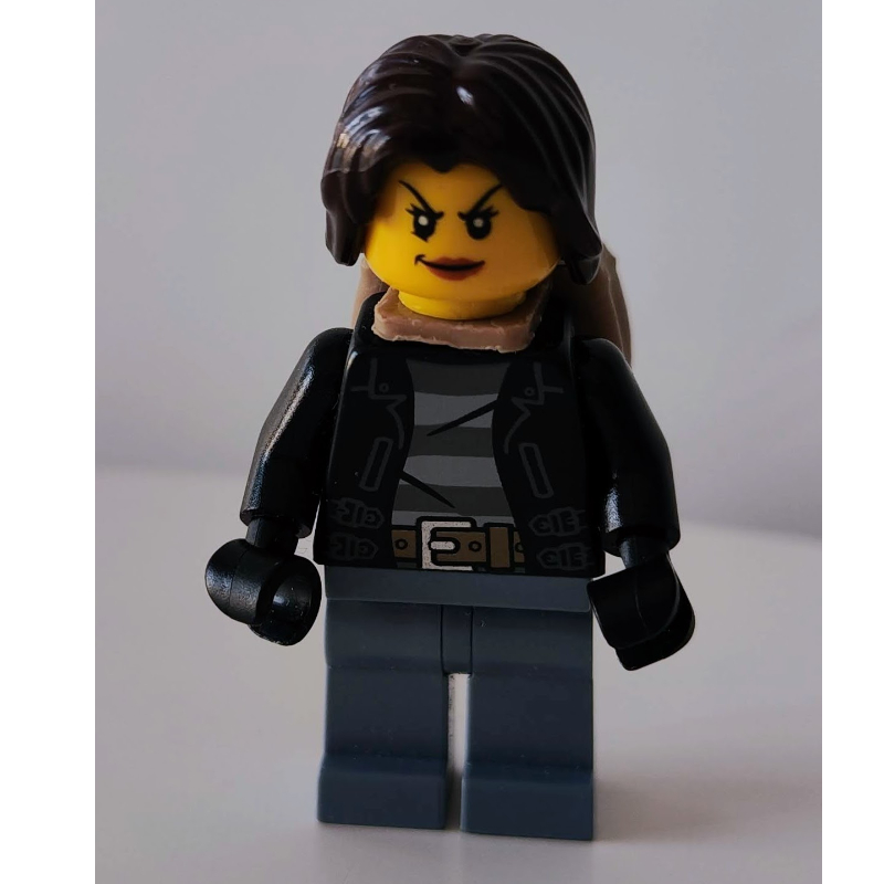 LEGO Criminal, Woman, Open Black Jacket over Prison Shirt, Dark Brown Hair, Dark Tan Backpack (fig-007830)