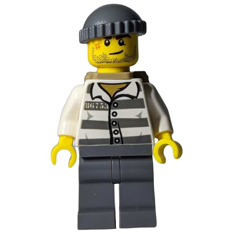 LEGO Criminal, Prison Shirt with #86753, Dark Bluish Gray Legs, Dark Bluish Gray Hat, Dark Tan Backpack, Stubble (fig-007831)