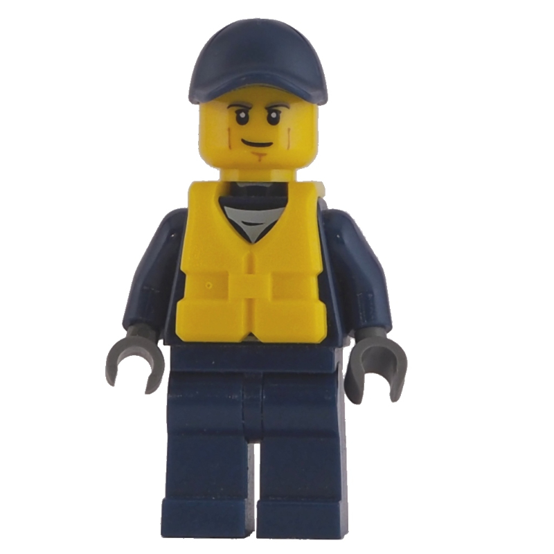 LEGO Policeman, Dark Blue Jacket with Zipper, Badge, and 'POLICE' on Back, Dark Blue Cap, Yellow Life Vest (fig-007832)
