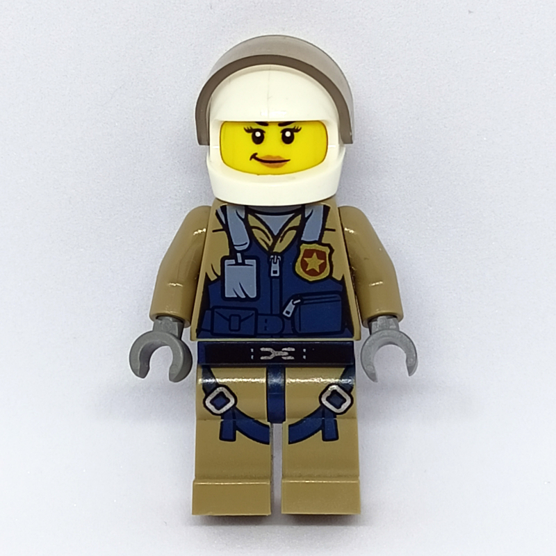 LEGO Policewoman, Dark Blue Vest over Dark Tan Jacket with Zipper and Badge, White Helmet with Visor (fig-007833)