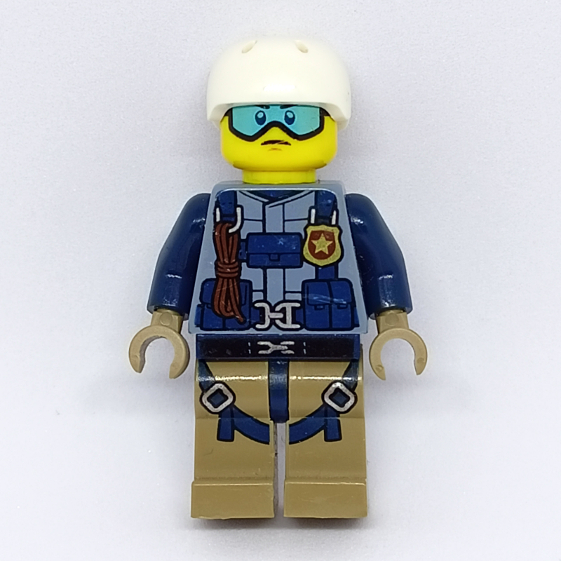 LEGO Policeman, Sand Blue Jacket with Badge, Rope, and Straps, White Helmet, Blue Goggles (fig-007834)