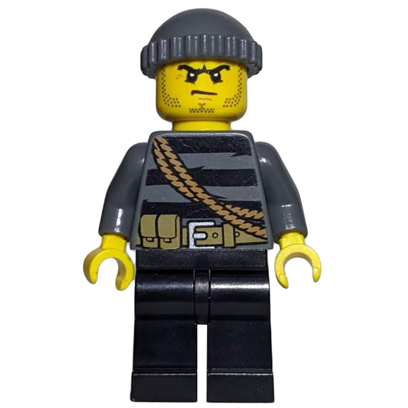LEGO Criminal, Black Striped Top with Rope, Dark Bluish Gray Hat, Stubble (fig-007837)