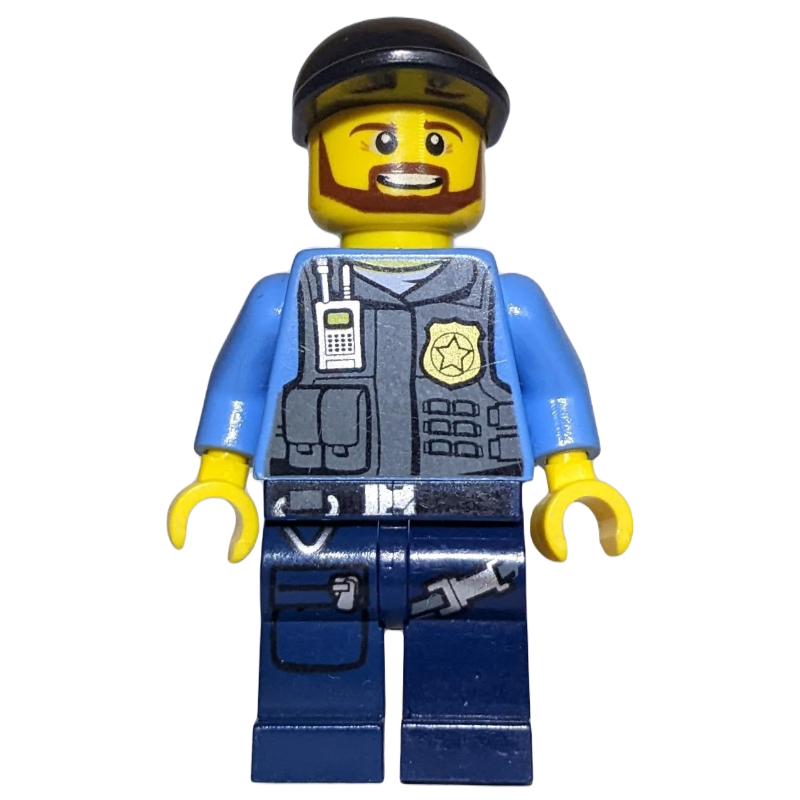 LEGO Policeman, Dark Bluish Gray Vest with Radio, Badge and Pouches over Medium Blue Shirt, Black Cap, Beard (fig-007838)