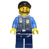 Policeman, Dark Bluish Gray Vest with Radio, Badge and Pouches over Medium Blue Shirt, Black Cap, Beard