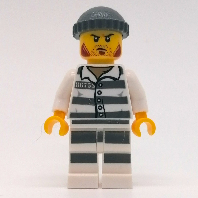LEGO Criminal, Prison Shirt with #86753, Black Legs, Dark Bluish Gray Hat, Stubble and Mutton Chops (fig-007840)