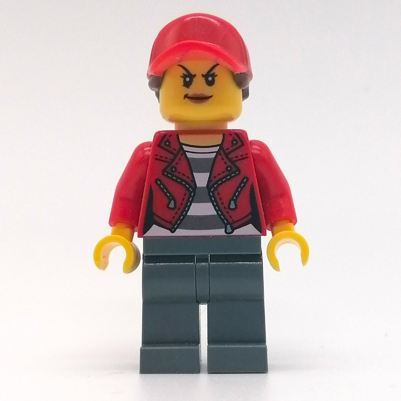 LEGO Criminal, Woman, Open Red Jacket over Prison Shirt, Red Cap with Hair (fig-007841)