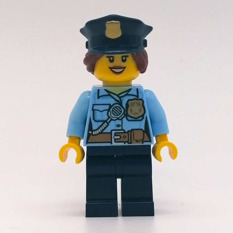 LEGO Policewoman, Bright Light Blue Shirt with Radio and Badge, Dark Blue Legs, Police Hat with Badge, Open Mouth (fig-007842)