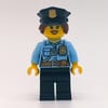 Policewoman, Bright Light Blue Shirt with Radio and Badge, Dark Blue Legs, Police Hat with Badge, Open Mouth