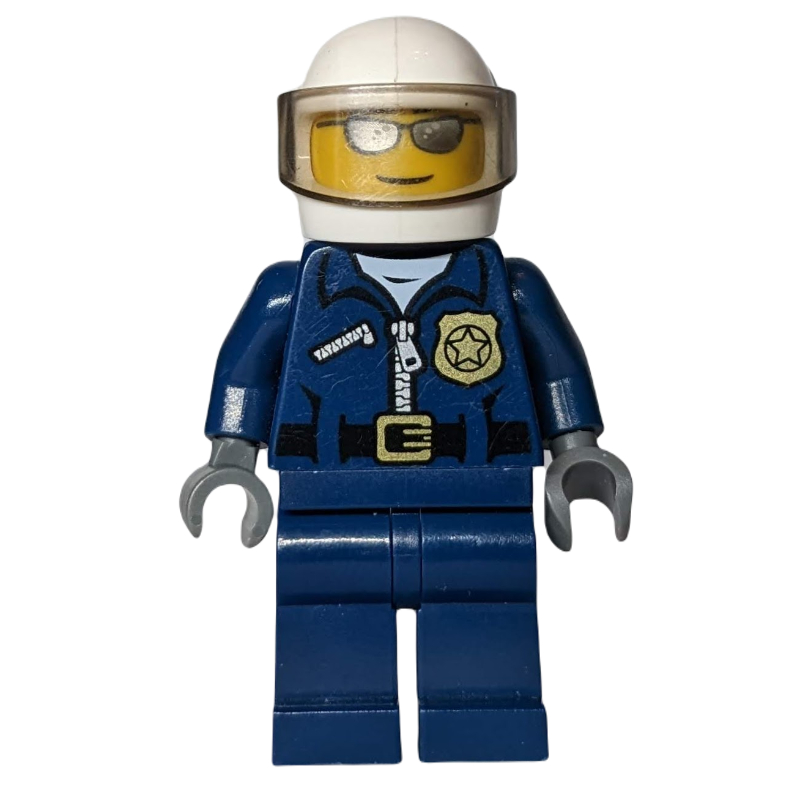 LEGO Policeman, Dark Blue Jacket with Zipper, Badge, and 'POLICE' on Back, White Helmet with Visor, Silver Sunglasses (fig-007843)