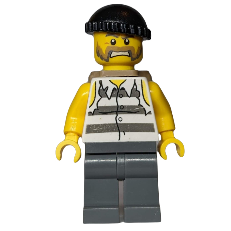 LEGO Criminal, Torn Prison Shirt, Dark Bluish Gray Legs, Black Hat, Dark Tan Backpack Beard (fig-007844)