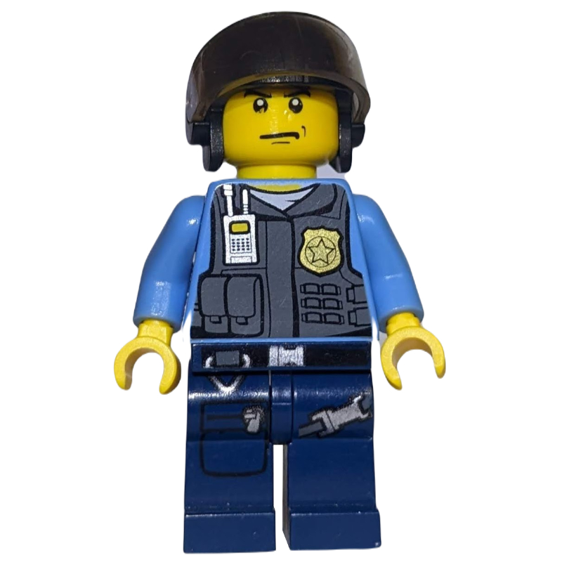 LEGO Policeman, Dark Bluish Gray Vest with Radio, Badge and Pouches over Medium Blue Shirt, Black Hat with Visor (fig-007846)