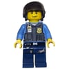 Policeman, Dark Bluish Gray Vest with Radio, Badge and Pouches over Medium Blue Shirt, Black Hat with Visor