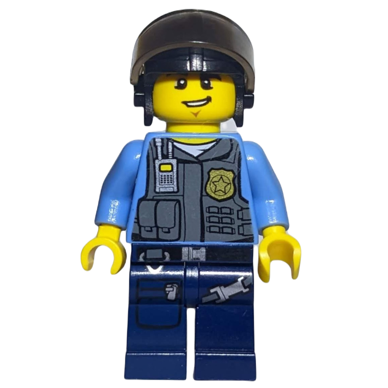 LEGO Policeman, Dark Bluish Gray Vest with Radio, Badge and Pouches over Medium Blue Shirt, Black Hat with Visor, Open Mouth (fig-007847)