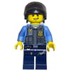Policeman, Dark Bluish Gray Vest with Radio, Badge and Pouches over Medium Blue Shirt, Black Hat with Visor, Open Mouth