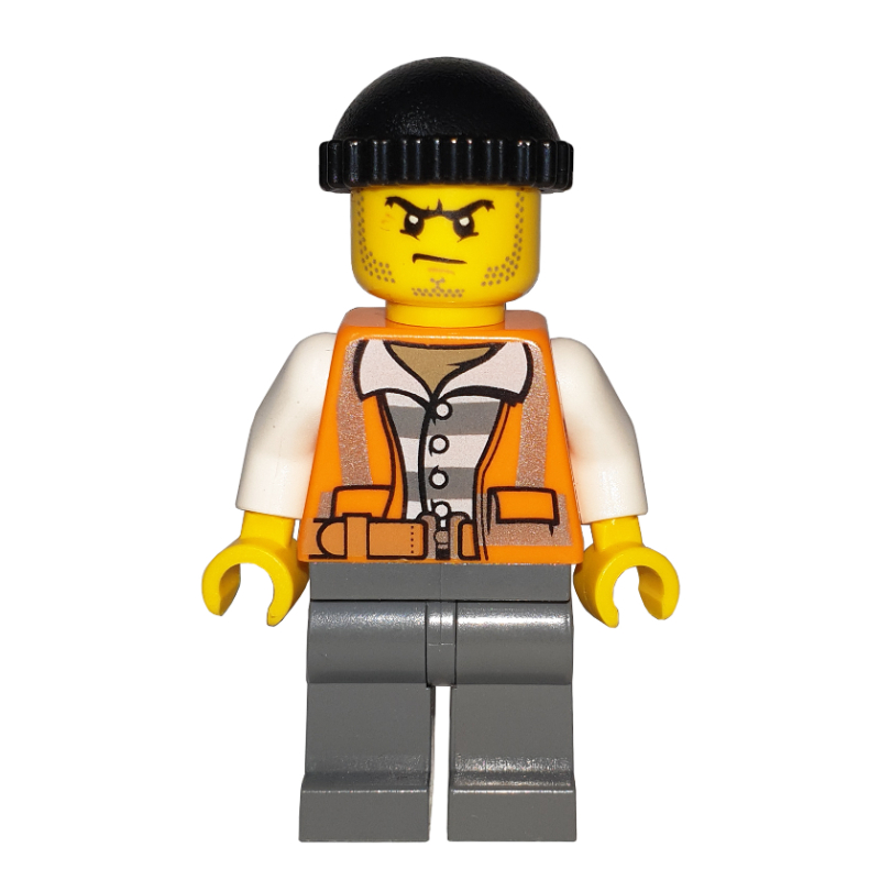 LEGO Criminal, Open Orange Safety Vest Over Prison Shirt, Black Hat, Stubble (fig-007851)
