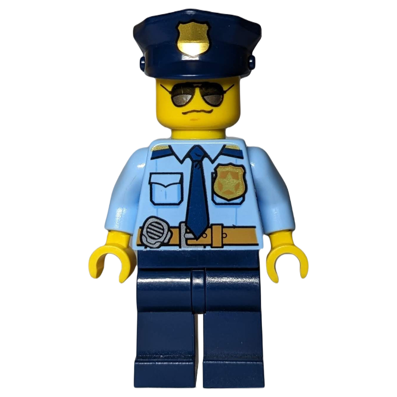 LEGO Policeman, Bright Light Blue Shirt with Dark Blue Tie, Badge, and Radio on Belt, Dark Blue Police Hat with Badge, Sunglasses (fig-007852)