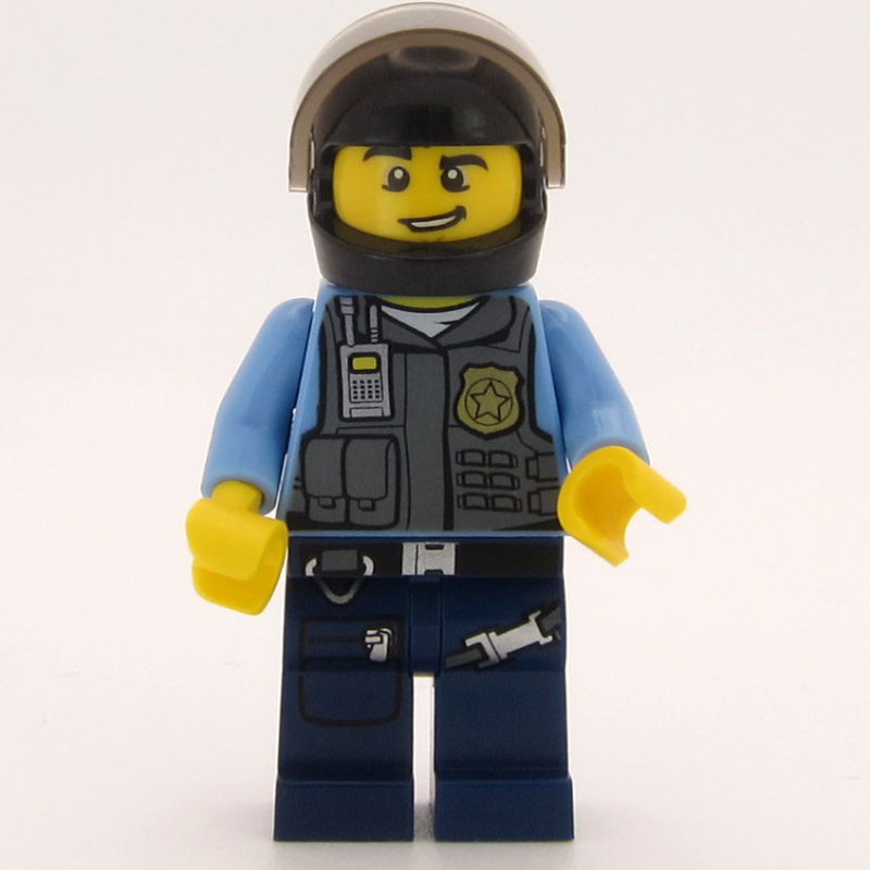 LEGO Policeman, Dark Bluish Gray Vest with Radio, Badge and Pouches over Medium Blue Shirt, Black Helmet with Visor, Open Mouth (fig-007853)