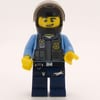 Policeman, Dark Bluish Gray Vest with Radio, Badge and Pouches over Medium Blue Shirt, Black Helmet with Visor, Open Mouth